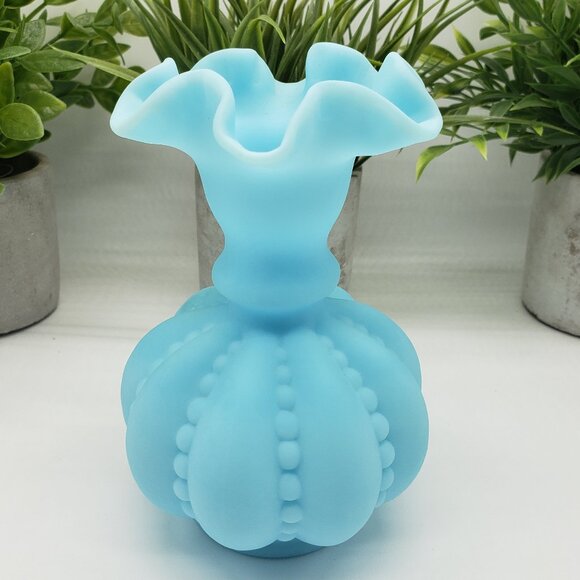 Fenton Light Blue Satin Beaded Art Glass Melon Vase with Ruffled Top - Picture 2 of 10